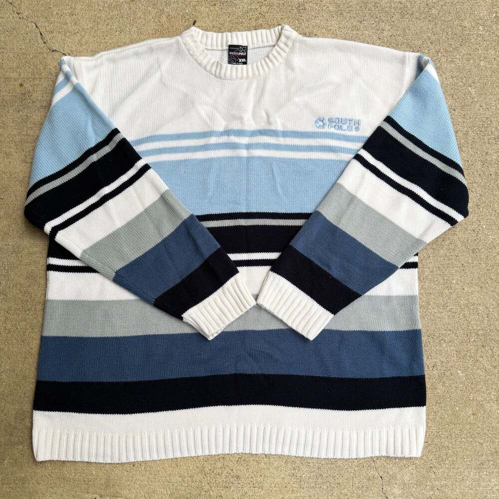 Southpole Vintage Striped Crewneck Sweater Blue White Black XXL Y2K